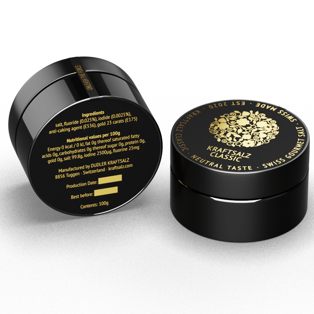 Kraftsalz Classic - Pure Swiss salt with gold leaf, delicacy for every gourmet. Salt and refine your dishes with this special salt. Ideal as a souvenir & gift.