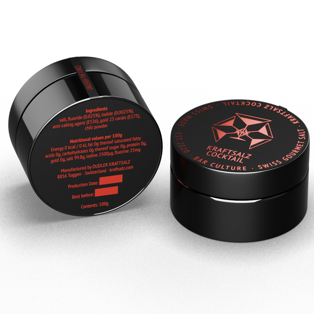 Kraftsalz Cocktail for the discerning bar. Salt, chili and gold leaf. Conceived and created for the special & noble salt rim for Margarita & Co.