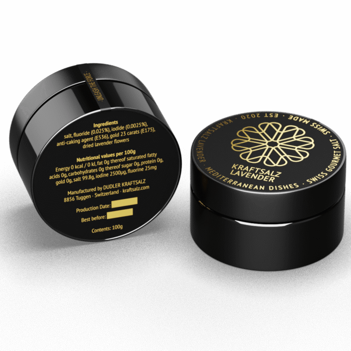 Kraftsalz Lavender for mediterranean cuisine. Salt, lavender and gold leaf. Slightly tart, fresh aroma of lavender, perfectly with meat & grilled vegetables.