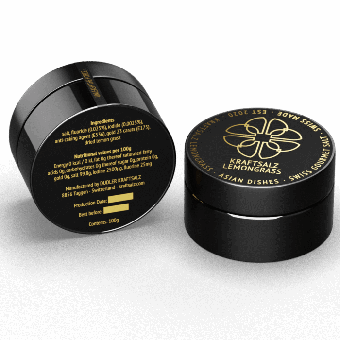 Kraftsalz Lemongrass for Asian cuisine. Swiss salt, lemongrass and gold leaf. Strong and fresh taste of lemons. Perfectly with meat dishes, fish and seafood.