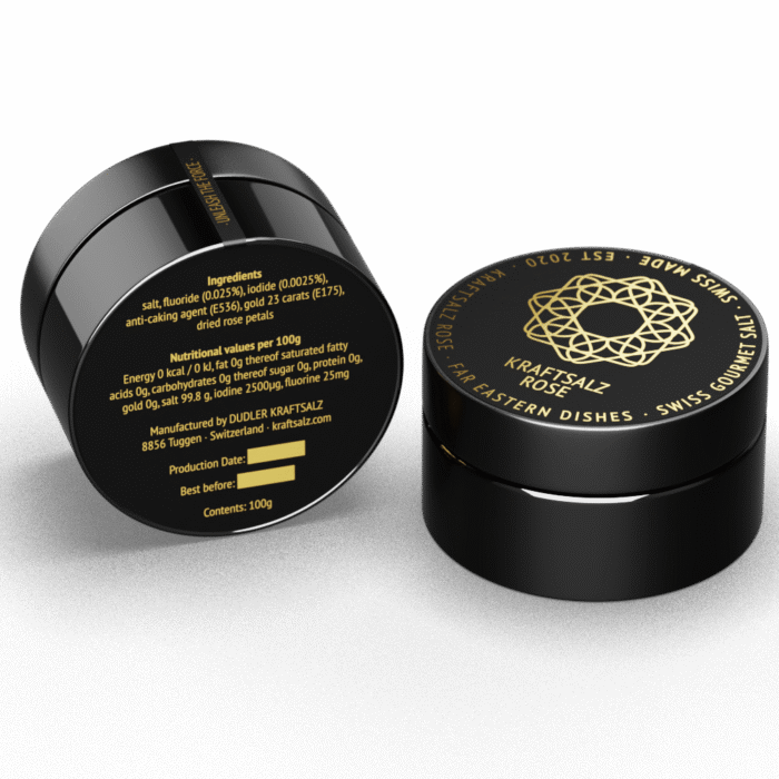 Kraftsalz Rose for Far East cuisine. Salt, roses and gold leaf. The scent of roses. Excellent for all Far Eastern dishes.