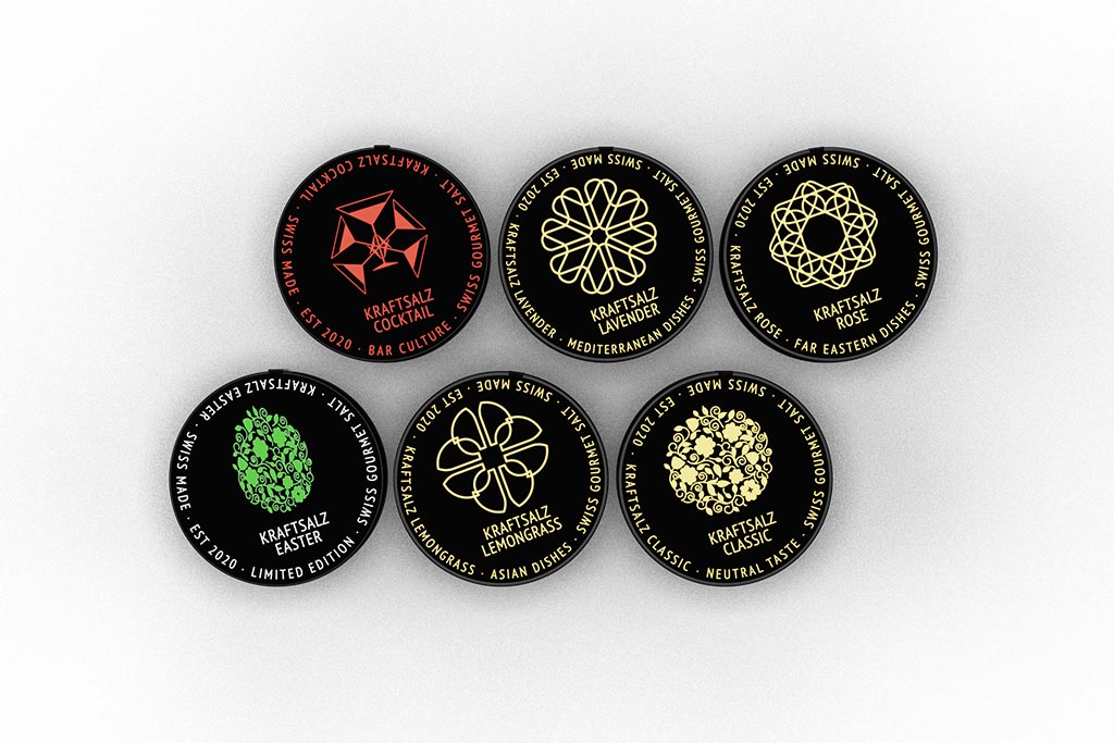 The Kraftsalz range. The range includes standard neutral salt as well as five different flavors.